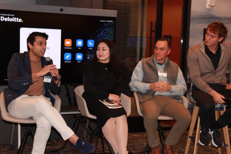 Amina and panelists from XDC and Nomyx at a BBA panel hosted by Deloitte