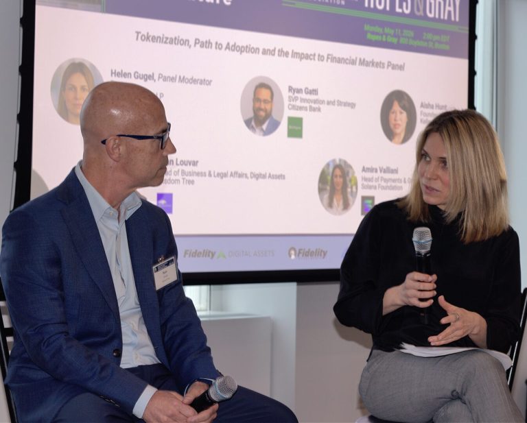 Helen and Ryan on stage at a BBA tokenization panel
